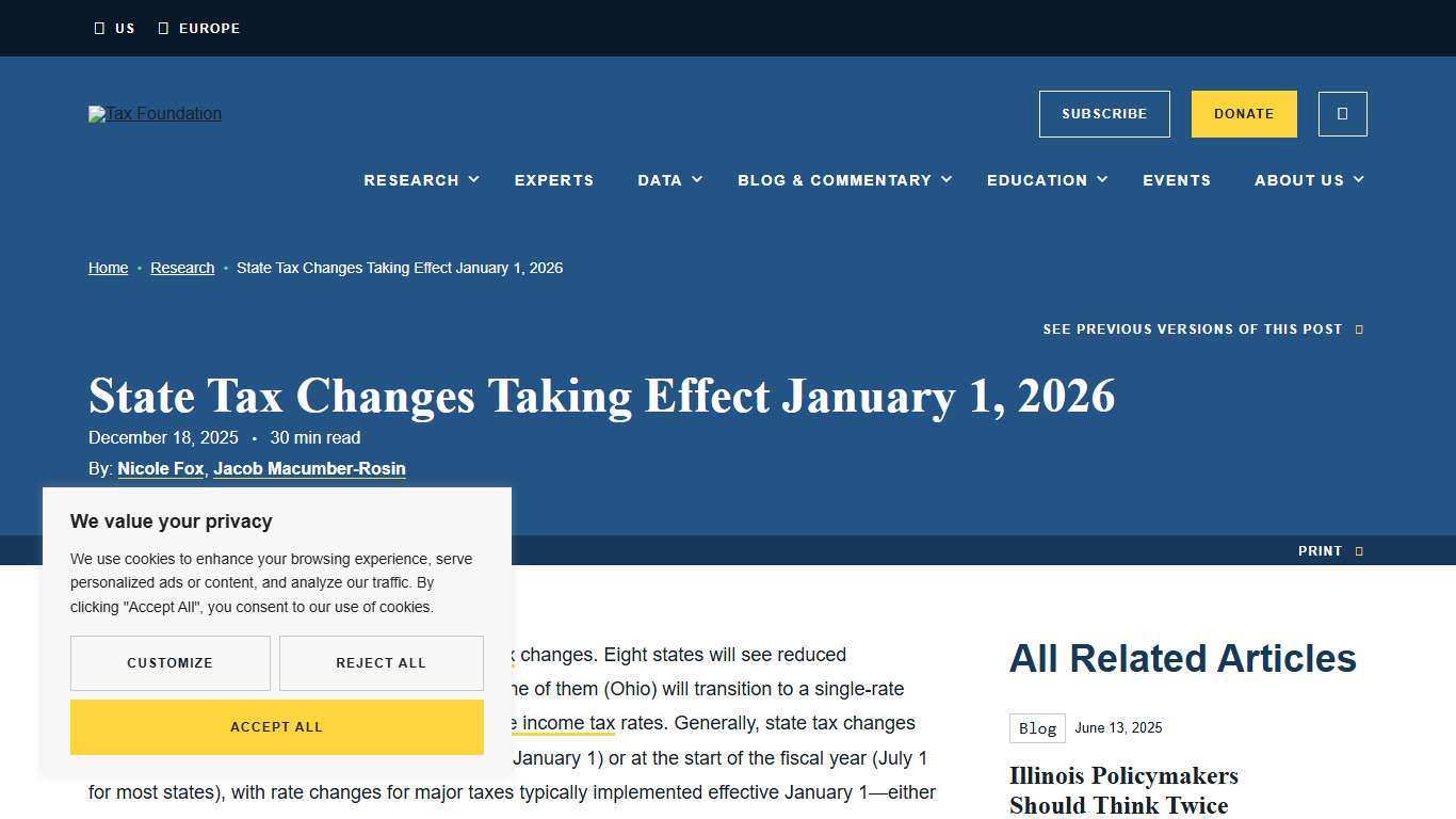 2026 State Tax Changes Taking Effect January 1st Tax Foundation
